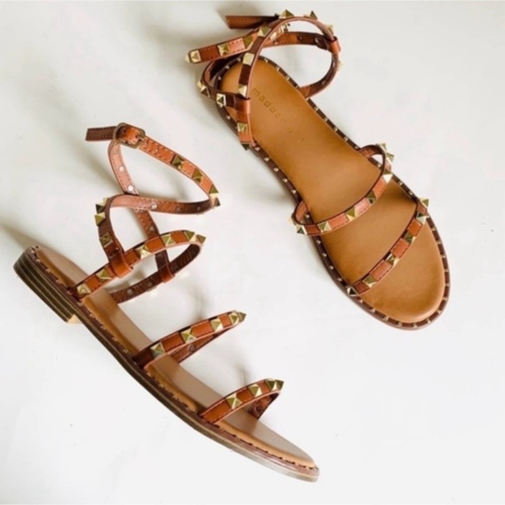 Madden Girl Fairway Studded Gladiator Sandals in Cognac Brown Gold Studs